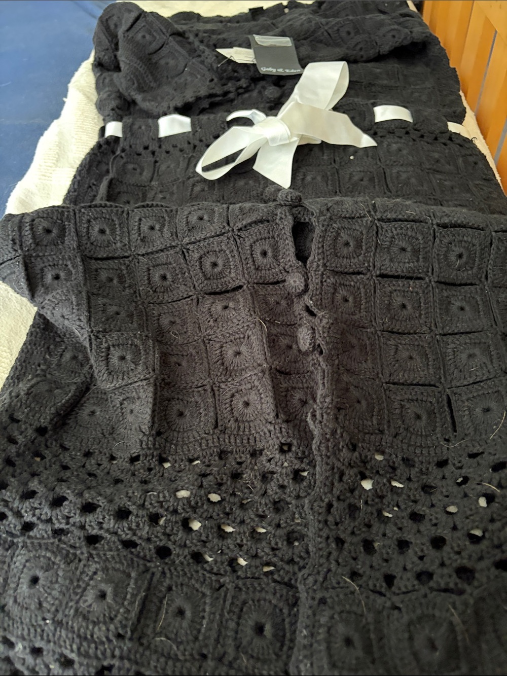 Black Crochet Square-Motif Women's Dress with Satin Waist Tie